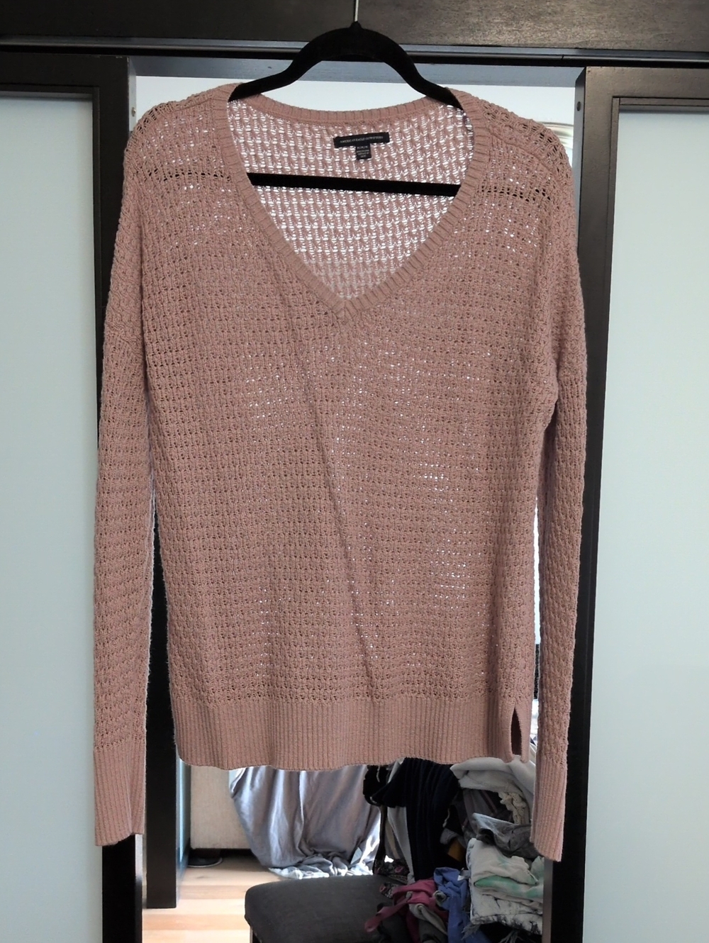 American Eagle Outfitters Dusty Rose V-Neck Open Knit Sweater
